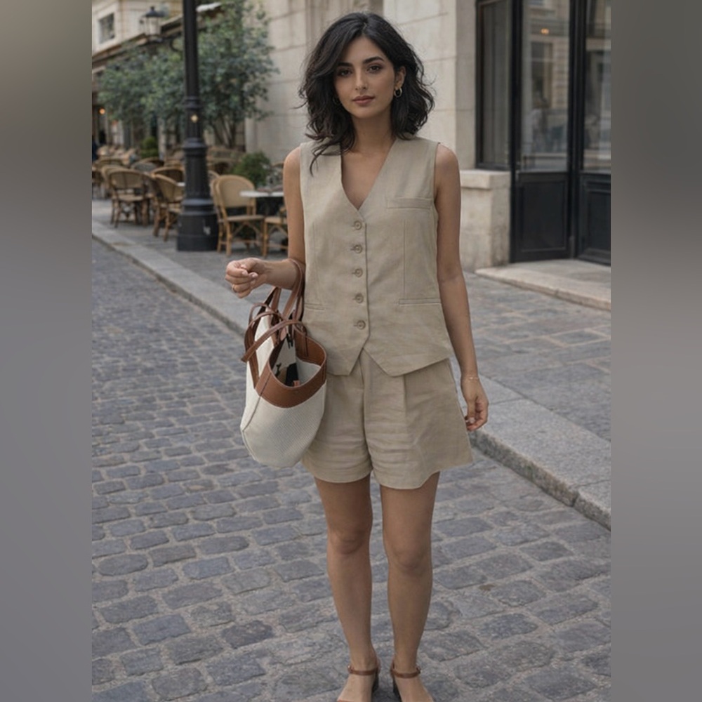Linen Blend High-Waist Women's Shorts in Beige